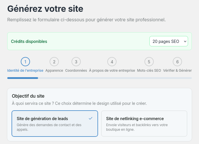 Zala dashboard preview: website generation form